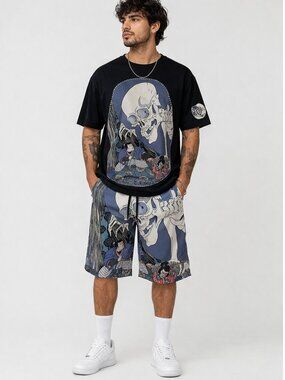 Rebel Vengeance Shorts T-Shirt Set L Mens Black Samurai Skull Graphic Streetwear